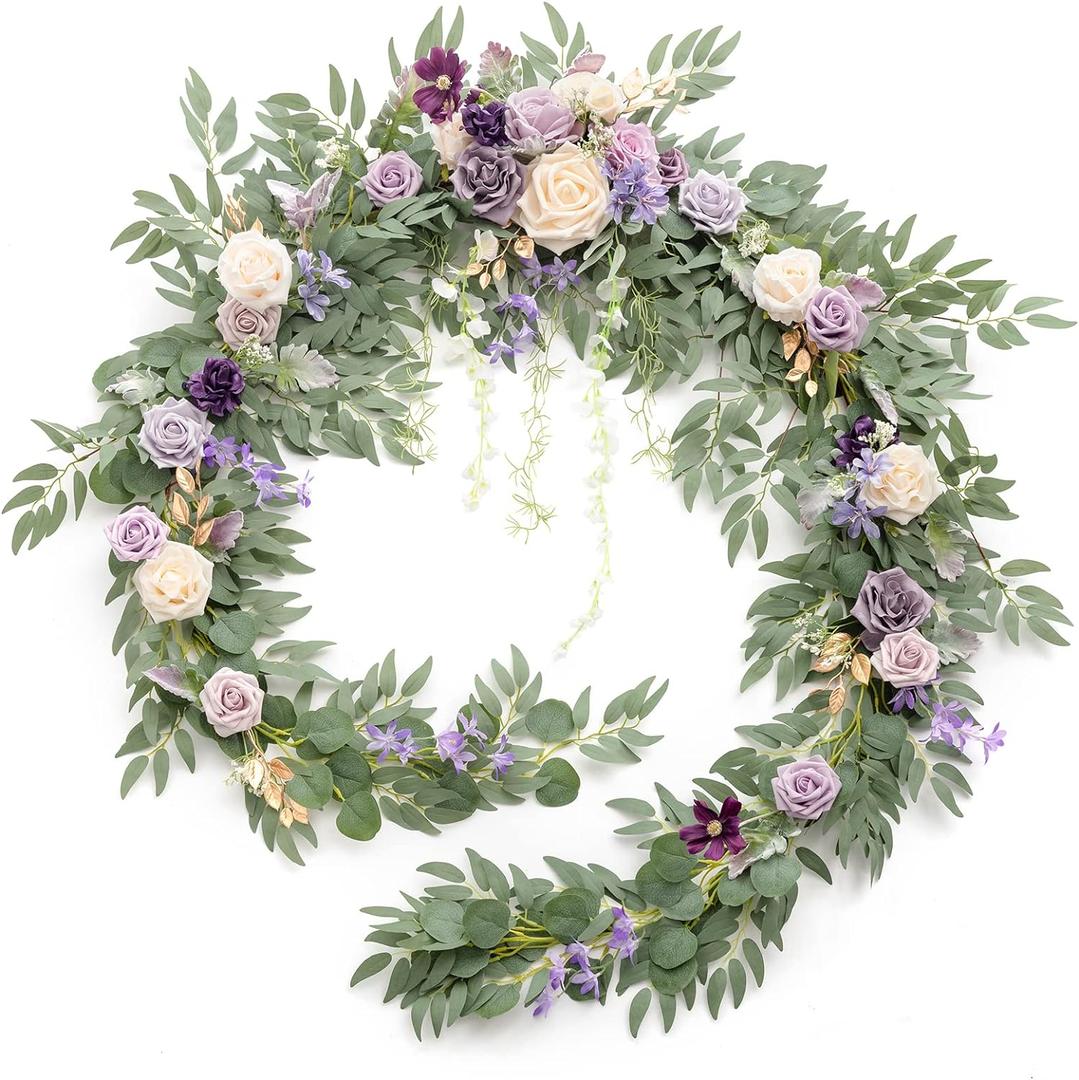 Ling's Moment 9FT Flower Garland for Backdrop Decorations - Wedding Arch Flowers, Eucalyptus & Rose, Artificial Floral Garland for Mantel - Sweetheart Table Decor for Ceremony Reception, Lilac & Gold (Prpl-lilac & Cream) Ling's Moment 9FT Flower Garland for Backdrop Decorations - Wedding Arch Flowers, Eucalyptus & Rose, Artificial Floral Garland for Mantel - Sweetheart Table Decor for Ceremony Reception, Lilac & Gold (Prpl-lilac & Cream)