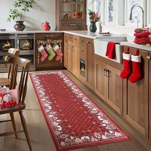 GarveeHome 2x8 Runner Rug for Holiday Washable Kitchen Runner Rugs Non Slip Xmas Entry Throw Carpet Christmas Bordered Hallway Area Rug Checkered Runner Mat for Nursery Bedroom Living Room, Red