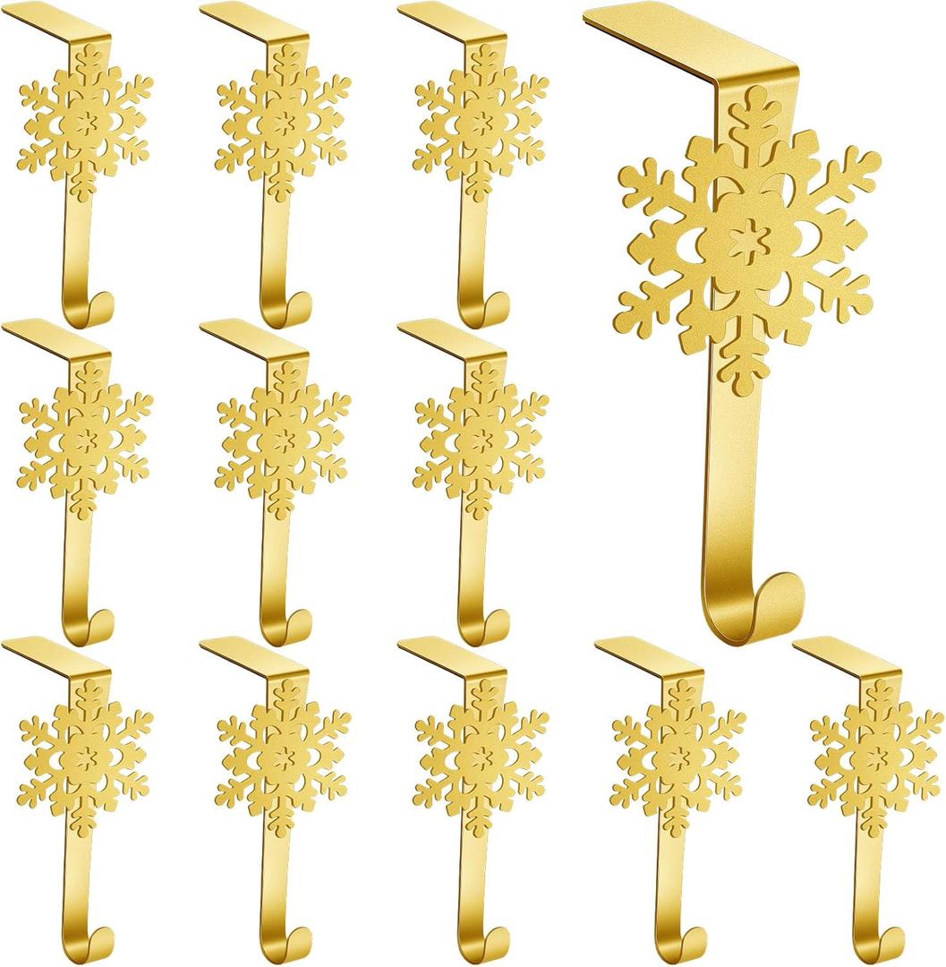 Lounsweer 12 Pieces Snowflake Christmas Stocking Holders Gold Metal Mantel Stockings Hangers Stand Christmas Ornament Hooks Metal Fireplace Clips for Xmas