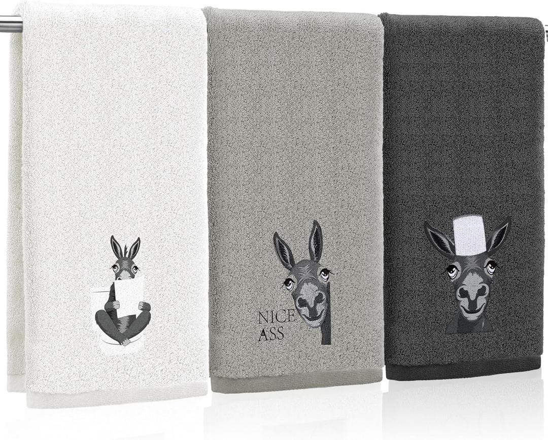 FuWeave 3 Pcs Funny Donkey Hand Towels Embroidered Donkey Farmhouse Decorative Bathroom Towels for Bathroom Kitchen Decor, 100% Cotton, 13.3 x 29.5''