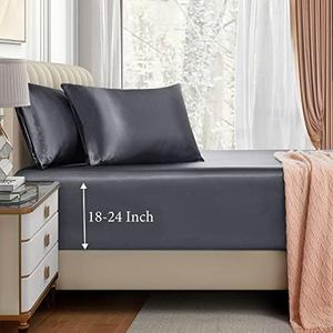 VACVELT 3pcs Extra Deep Pocket Satin Fitted Sheet Set Queen Bed Set, Grey Bottom Sheet Fit 18-24 Inch Deep Pocket Mattress, Silky Bedding Set Soft & Ultra Deep Fitted Sheet & 2 Pillowcase