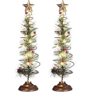 Yuefunny Set of 2 Lighted Christmas Tree Table Decoration with Golden Star Spiral Battery Operated Tabletop Prelit Mini Xmas Tree with LED Light up Desk Ornament for Home Mantel Room (Snowy Style)