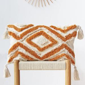 JOJUSIS Boho Lumbar Throw Pillow Covers with Handmade Tassels Decorative Woven Tufted Orange Pillowcase for Couch Bedroom 12 x 20 Inch Orange B