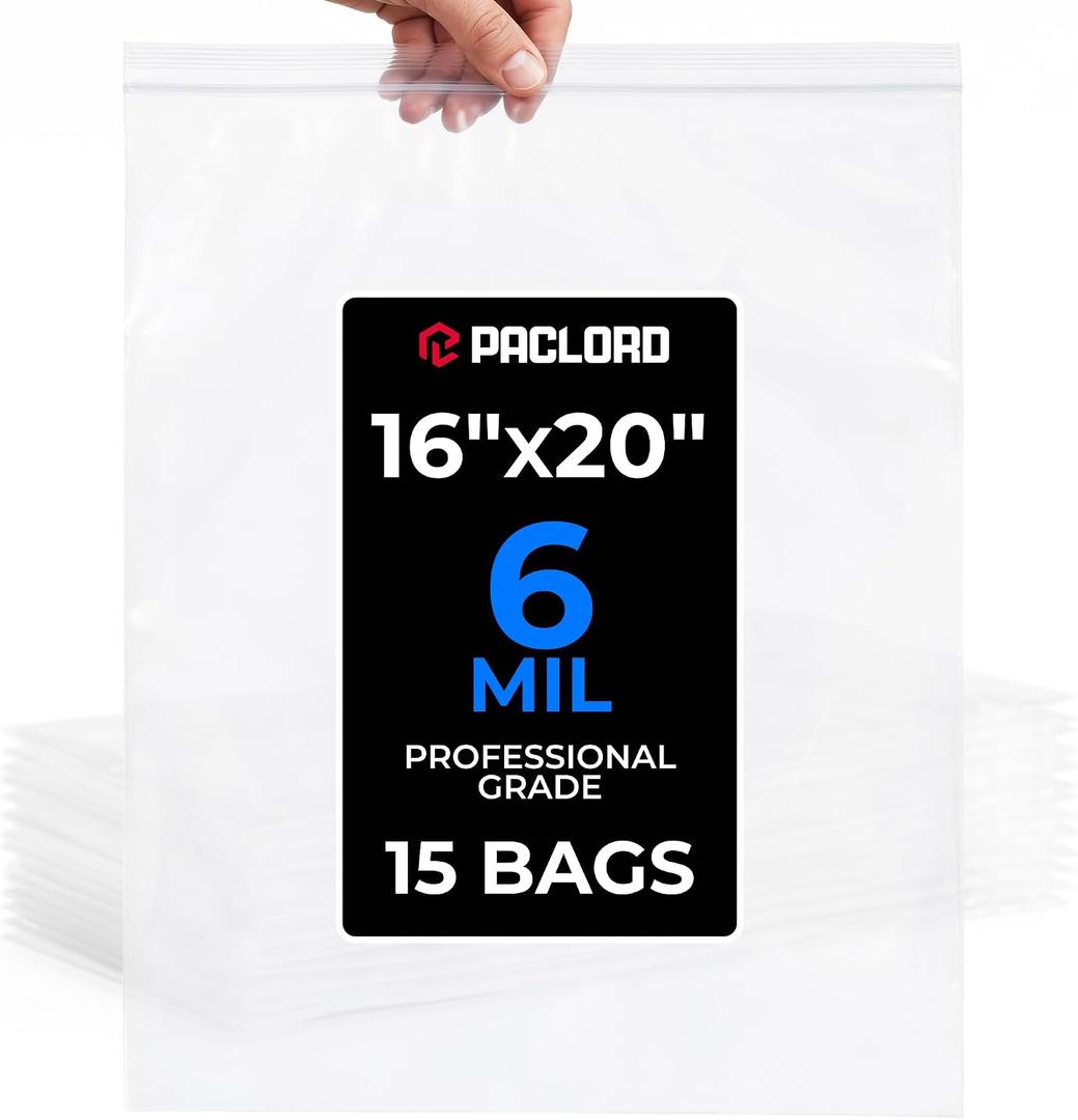 16" x 20" Extra Large Reclosable Plastic Zip Bags, 15 Count | 6 Mil Heavy-Duty Clear Poly Bags, Resealable for Food, Clothes, Hardware, Home & Garage Storage