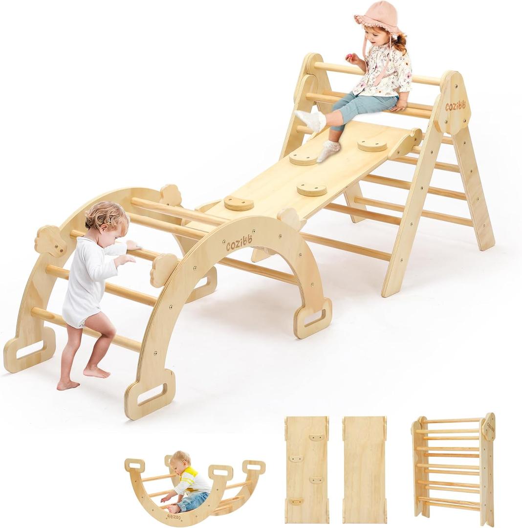 CoziBB Pikler Triangle Set, 5 in 1 Wooden Montessori Climbing Toys Baby Indoor Playground Gym, Foldable Indoor Climbing Toys with Ramp, Arch Climber, Baby Climbing Toys for Toddlers 1-3 Inside