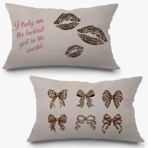 Coquette Leopard Bow Lips Pillow Covers 12x20 Set of 2, Leopard Room Decor, Trendy Preppy Cheetah Print Bows Lips Decorative Lumbar Pillow Covers for Girls Bedroom Dorm Apartment