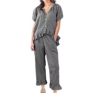 Womens Gingham Pajama Set 2 Piece Short Sleeve Babydoll Shirt and Pants Lounge Set Cute Sleepwear M