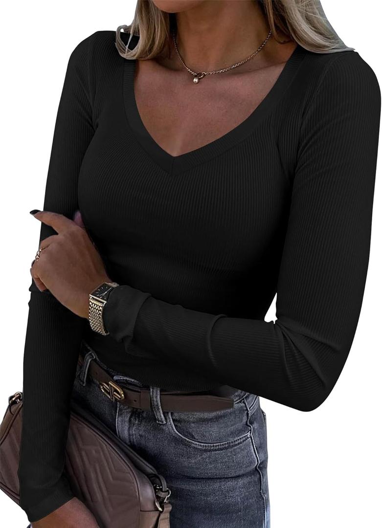 Roselux Womens Long Sleeve V Neck Ribbed Knit Fitted Casual Tops Tee Slim Basic Shirt (Small, Black)