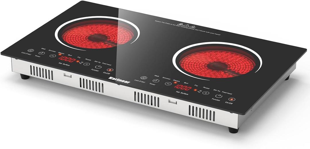 Karinear 2 Burners Electric Cooktop 24 Inch, 110v~120v Countertop and Built-in Elecric Stove Top, Portable Electric Radiant with Outlet Plug, Sensor Touch, Child Safety Lock, Timer(white) (white)