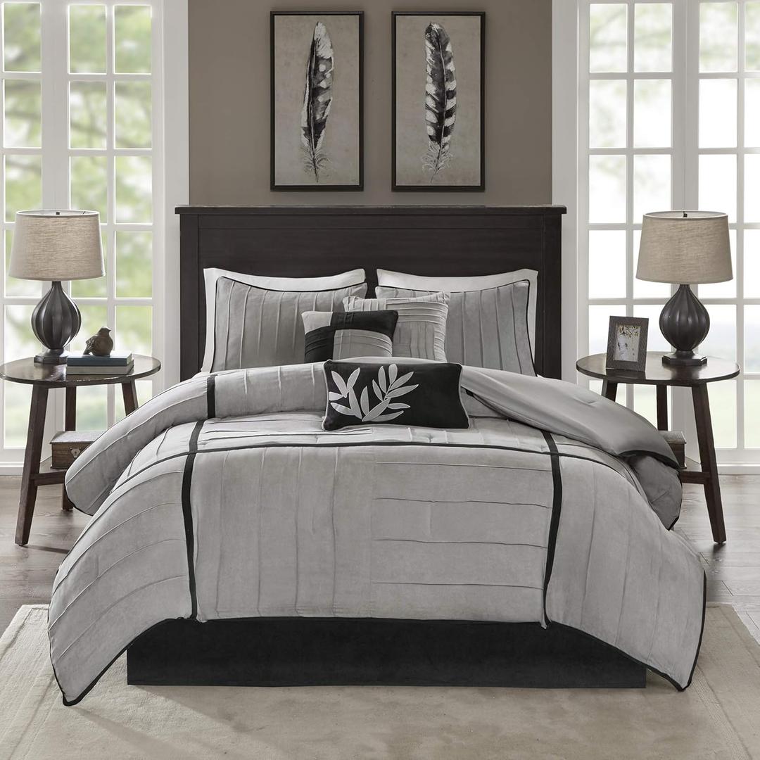 Madison Park Cozy Comforter Set Casual Blocks Design All Season, Matching Bed Skirt, Decorative Pillows, Queen(90"x90"), Dune Suede, Black Grey, 7 Piece (Dune Black/Grey)