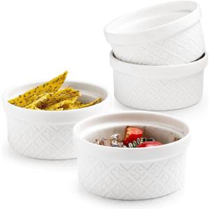 Ramekins 12 oz, Ramekin for Creme Brulee, Souffle, Dipping Sauce, Ceramic Embossment Housewarming Gift - 4.5 inch, Set of 4, Arctic White