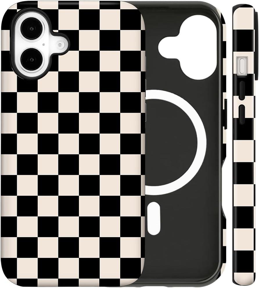 Magnetic for iPhone 17 Case Cute Checkered Phone Case, Shockproof Slim TPU and Hard PC Protective Phone Cover Compatible with MagSafe Designed for Women Girls Gift, Black&White