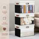 Fabric Clear Window Storage Bins with Lid, Closet Storage Box Linen Closet Baskets with 3 Handles for Organizing Clothing, Jeans, Shelves 17''- 3 Pack (Black and White)