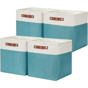 DULLEMELO Square Storage Cubes Baskets for Gifts Empty, 12 inch Cube Stroage Bins Linen Closet Organizers and Storage Baskets for Toy Nursery Shelves Bedroom Storage(4 Pack - 12" White&Teal)