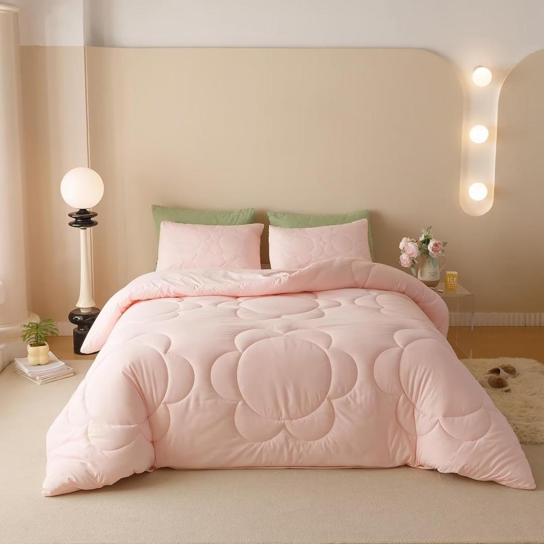 Houseri Pink Floral Comforter Set Full Sunflower Baby Pink Fluffy Quilted Comforters Full Size Light Pink Comfy Soft Bedding Sets