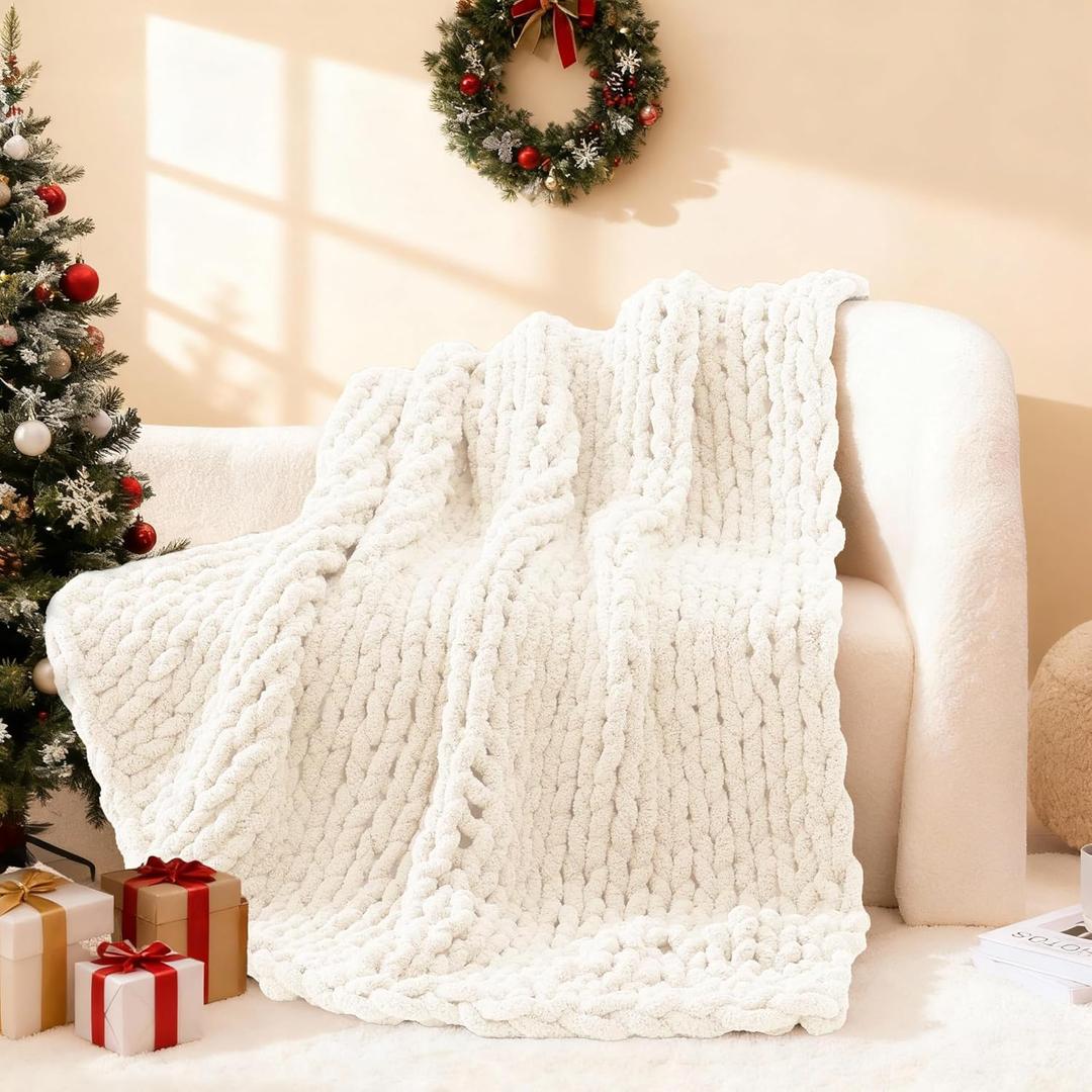 WRENSONGE Chunky Knit Blanket Throw Ivory Large Soft Fluffy Cable Knit Crochet Throw 100% Hand Knitted Blanket for Couch Bed(50"x60")