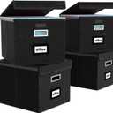 Huolewa New Portable File Organizer Boxes Set of 4, Collapsible Linen Hanging Filing Storage Boxes with Plastic Slide, Decorative Home/Office Filing System for File and Folders Storage (Black)