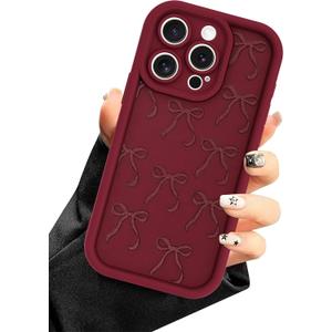 Burgundy Red Phone Case for iPhone 14 Pro Max, Cute Aesthetic Red Bow Design Case, Soft Silicone Slim Shockproof Protective Phone Cover for Women Girls - Maroon
