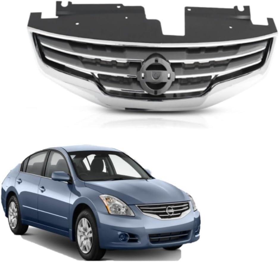 Front Grille (Chrome & Black) Compatible With Nissan 2010 2011 2012 Altima Sedan / 2010-2012 Altima (Base S SL SR) / 2010-2011 Altima (Hybrid) Front Grill Chrome Frame Shell Black Insert