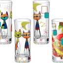 Patelai 4 Pcs Retro Cat Glass Cups Black Cool Cat Drinking Glasses for Iced Coffee Cocktail Juice Atomic Gifts Mid-century Modern Kitchen Decor
