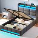 Rolanstar Bed Frame Twin Size with Lift Up Storage, Charging Station & LED Lights, Upholstered Storage Headboard, Heavy Duty Wooden Slats, No Box Spring Needed, Noise Free, Easy Assembly, Dark Grey