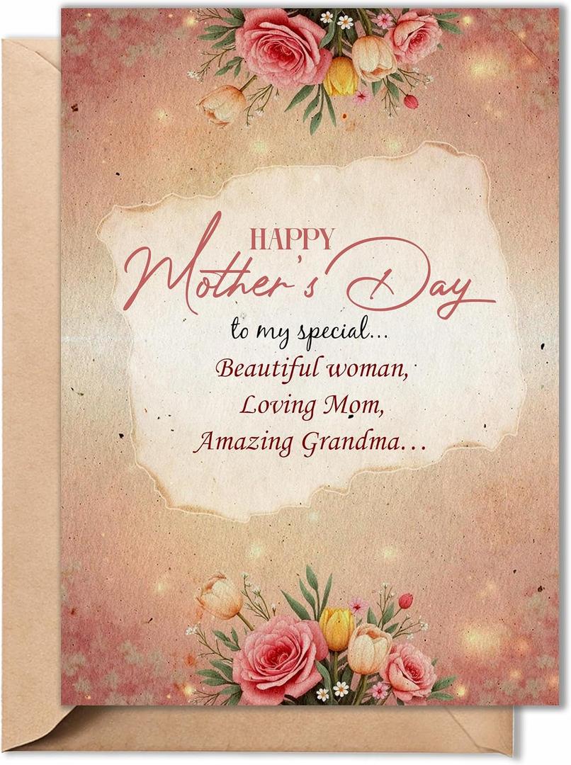 2 x Mothers Day Card for Grandma from Grandson, Granddaughter, Kids – Elegant Floral Mother’s Day Card for Grandma from Family or Grandchildren – 5"x7" Folded Card with Envelope (Grandmother)