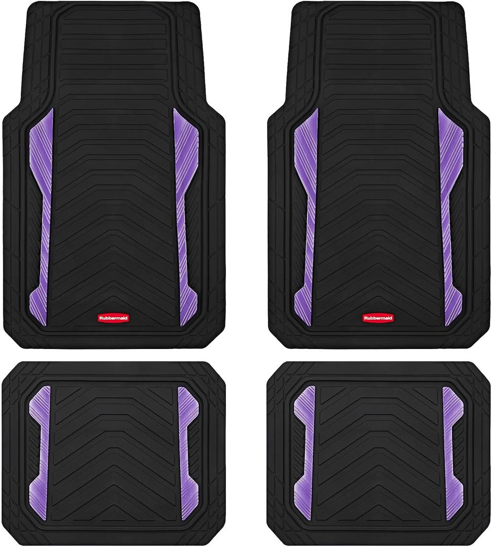 Rubbermaid Car Floor Mat, Heavy Duty All-Weather Car Mats Full Set with Dual-Tone Purple Aluminum Inserts Universal Fit, Anti-Slip Backing, Trim-to-Fit for Most SUV, Sedan, Van