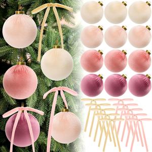 Liliful 36 Pcs 4 Inch Pink Velvet Christmas Ornaments Set, 12 Large Flocked Ornaments Ball, 24 Christmas Velvet Ribbon Bows 5 x 7, Shatterproof Vintage Xmas Tree Wreath Mantel Hanging Decor
