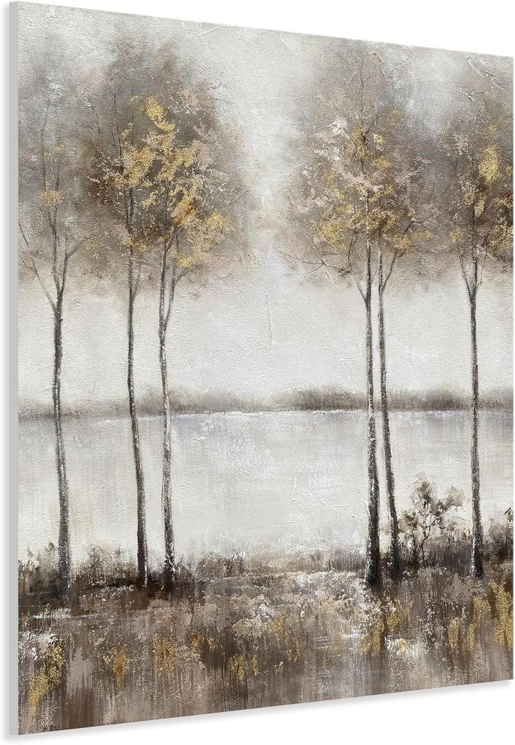 Yihui Arts Hand Painted Tree Painting on Rustic Canvas with Gold Foil Accents - Vertical Landscape Artwork for Farmhouse, Living Room, Bedroom, and Hallway Decor (24"L x 16"W)