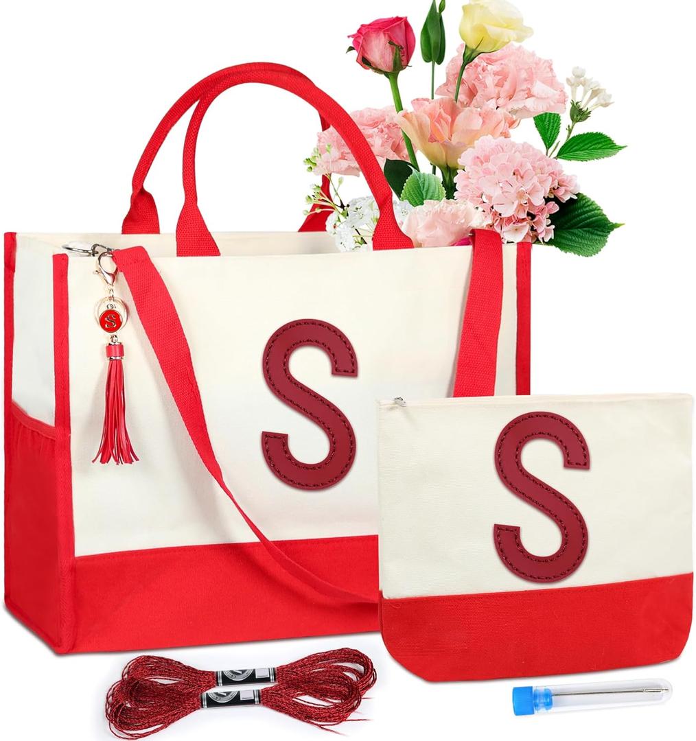 2 Personalized Canvas Tote Bag for Women, DIY Embroidered Initial Handbags, Teacher Mom Present for Birthday Bag (S, Red)