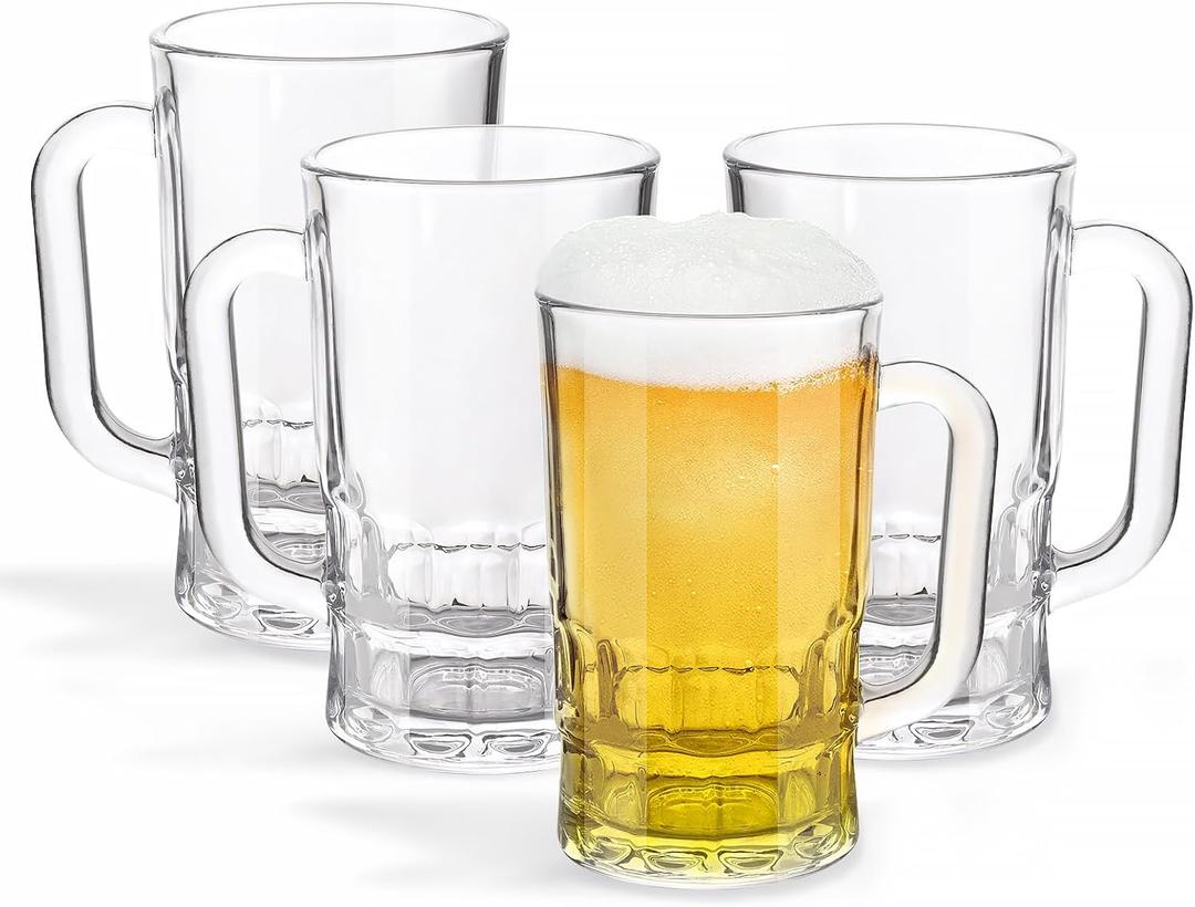 Beer Mugs Set, 12oz Glass Mugs With Handle, Beer Glasses For Freezer, 355ml Beer Drinking Glasses, Traditional Stein For Bar, Beverages,Coffee, Teas, Set of 4