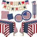 OHOME 4th of July Decorations - Serve 24 - Patriotic Plates Tablecloth Napkins Cups Banner | Fourth of July Accessories for Home Outdoor | American Flag Party Supplies