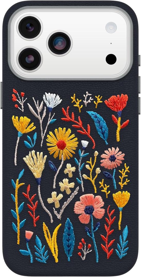 OtterBox iPhone 17 Pro Max Symmetry Series Cactus Leather Embroidery Case - Enchanted Garden - Blue - Textured, Embroidered Floral Artistic iPhone Case