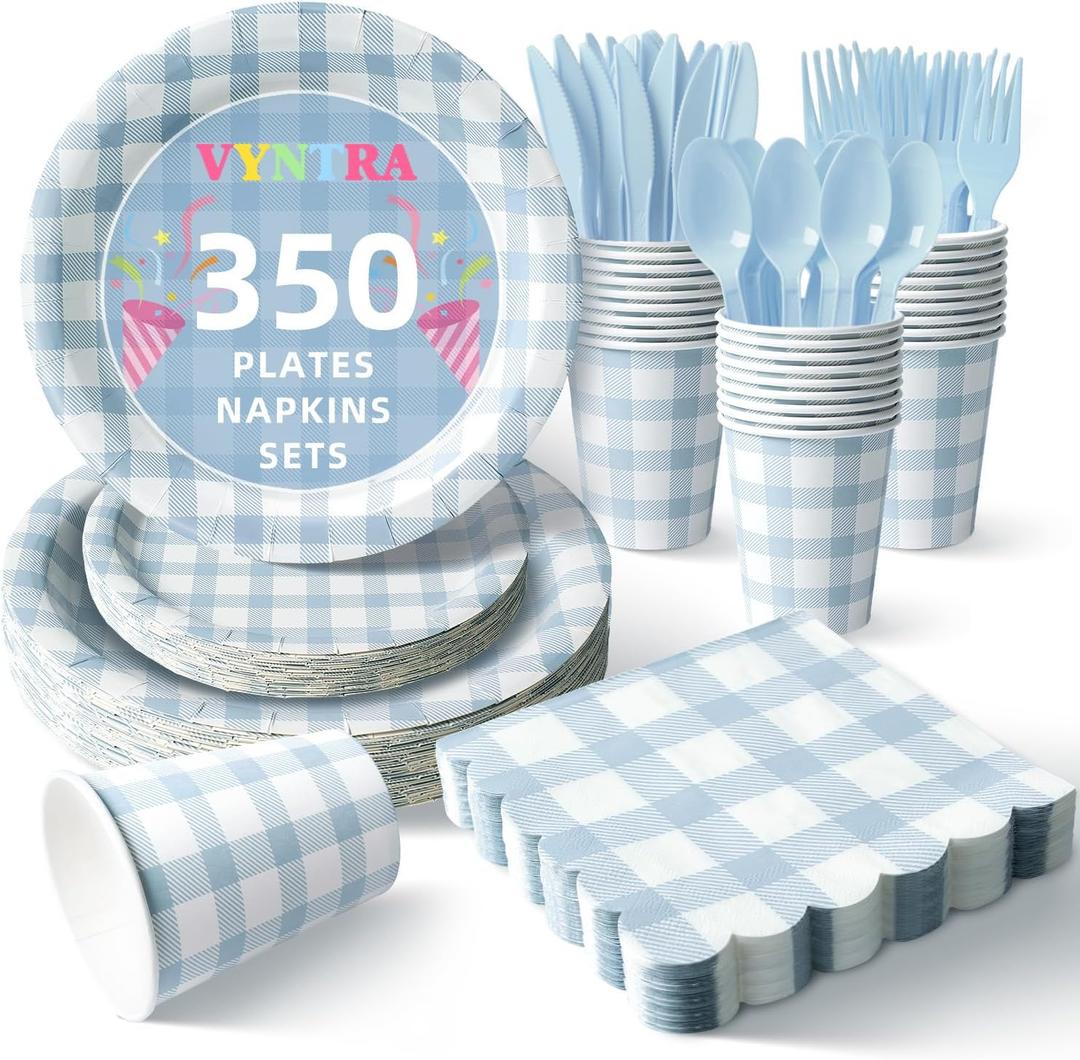 Vyntra 350 Pcs Blue Gingham Paper Plates and Napkins Set for 50, 9" Dinner Plates & 7" Dessert Plate, Baby Boy Shower Birthday Party
