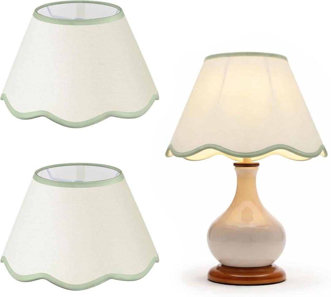VIHOSE 9.4'' Bottom x 5.9'' High x 5.1'' Top Set of 2 Beige Lamp Shade with Petal Edge, Fabric Chandelier Scalloped Lampshade, for Floor Wall Lamps Table Bedroom Living Room(Light Green Edge)