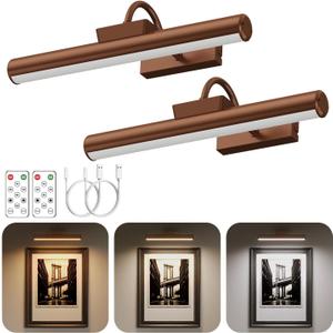 Picture Light Battery Operated, 13in Wireless Art Light for Paintings, Dimmable 5000mAh Recharging Battery Picture Light with Remote Control for Wall, Gallery Dartboard Art Bedroom (Brass-2Pack)
