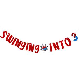 Spider Birthday Banner, Swinging Into 3 Banner Spider Themed Cartoon Party Decoration for Girls Boys Birthday Party Decoration Supplies