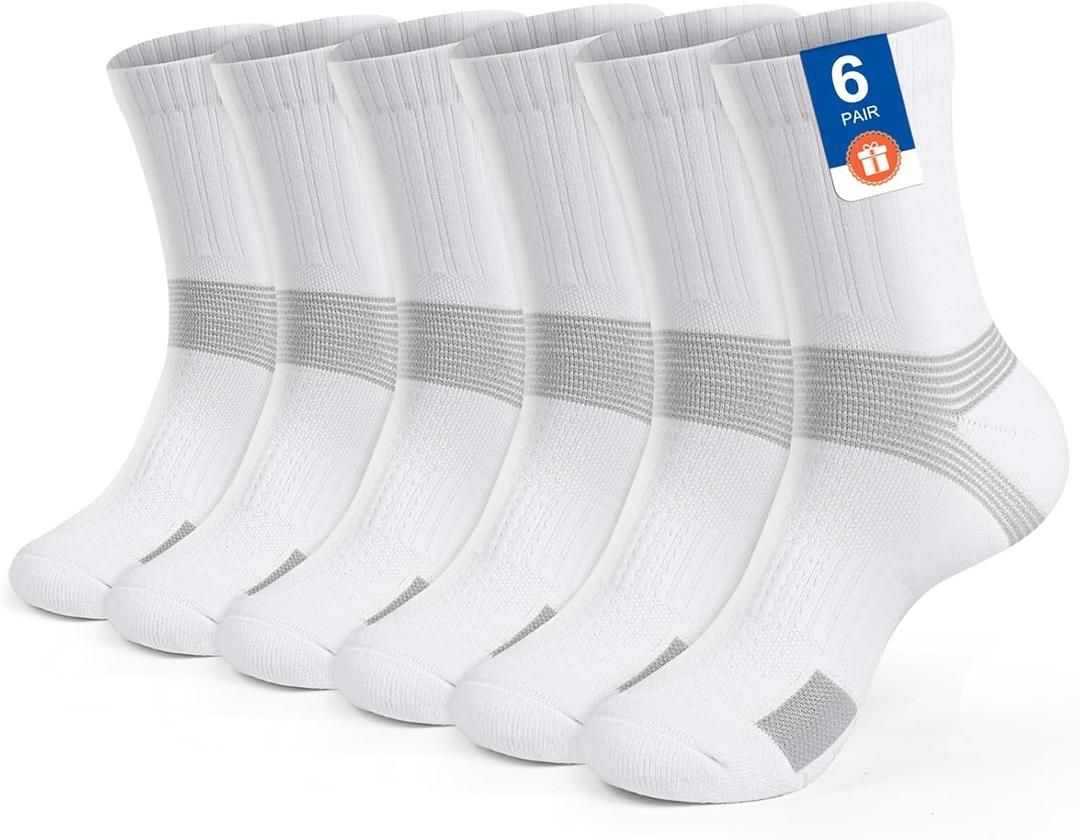 Cushioned Athletic Socks Men Women Ankle Compression Wickking Sock Tennis Running Basketball Workout 6 pack (Medium, White-6 Pairs)