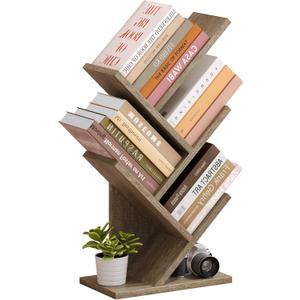 Hoctieon 4 Tier Tree Bookshelf, 4 Shelf Bookcase, Modern Book Storage, Free Standing Tree Bookcase, Utility Organizer Shelves for Home Office, Living Room, Bedroom, Greige