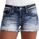 Flamingals Jean Shorts for Women Mid Waisted Stretchy Ripped Denim Shorts Raw Hem Curvy Summer Trendy (Blue, L)