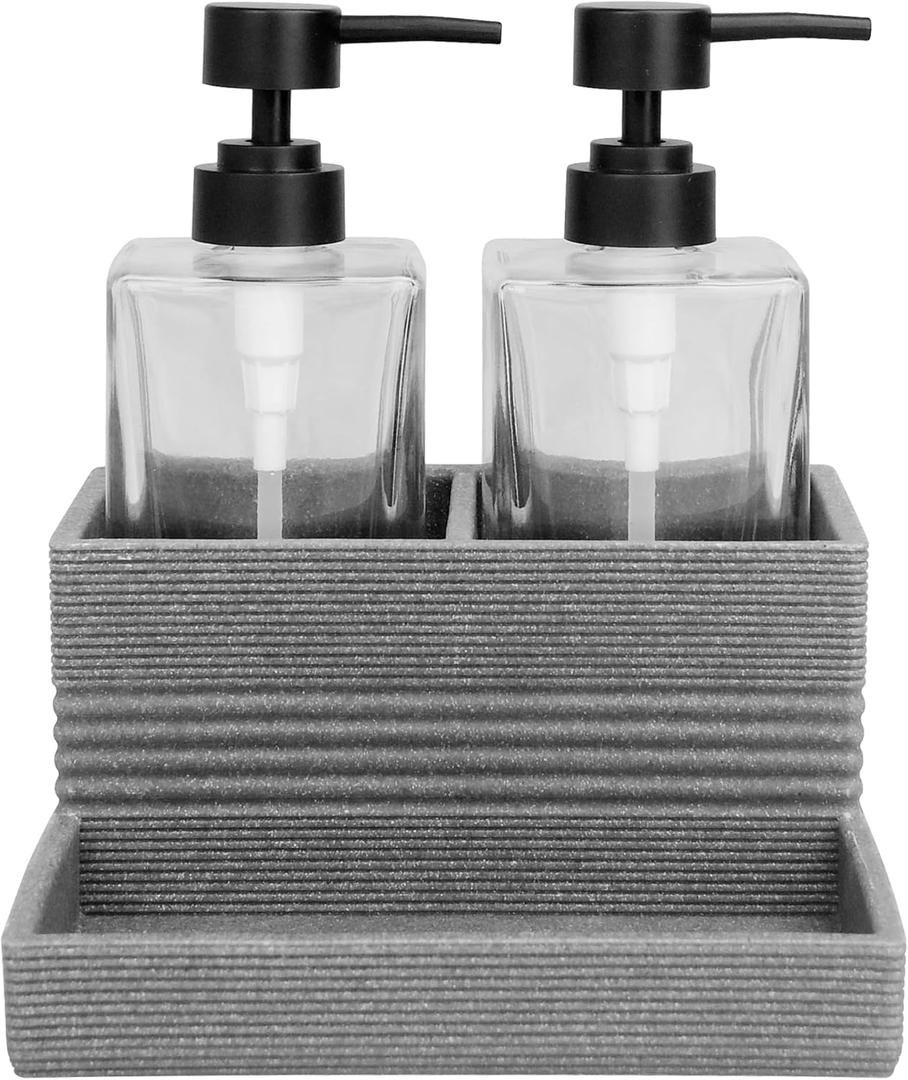 3 Piece Glass Soap Dispenser Set with Resin Storage Caddy, for Bathroom, Bedroom, Home, Office, Lotion Pump with Rustproof Pumps, Large Capacity Heavy Bottles, Trinket Tray for Jewlery