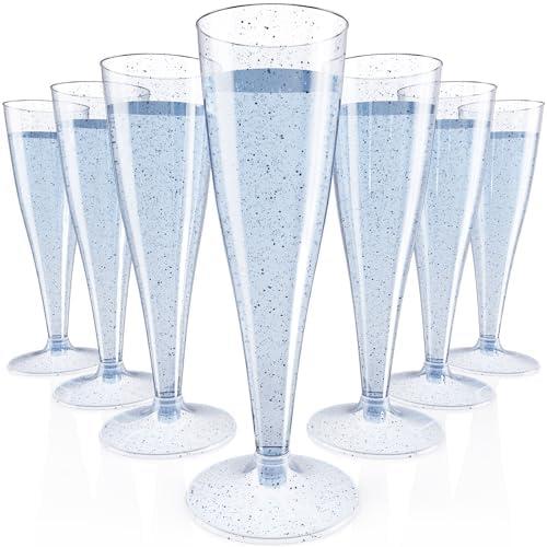 JOLLY CHEF 100 Pack Plastic Champagne Flutes Disposable 4.5 oz Blue Glitter Plastic Champagne Glasses Perfect for Wedding, Thanksgiving Day, Christmas