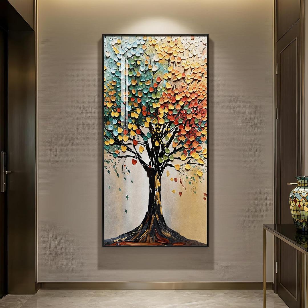 Large Framed Vertical Tree of Life Wall Art for Living Room, Modern Abstract Colorful Tree Painting Prints Artwork for Walls, Contemporary Luxury Pictures for Hallway Entryway Office Wall Decor, 30x60
