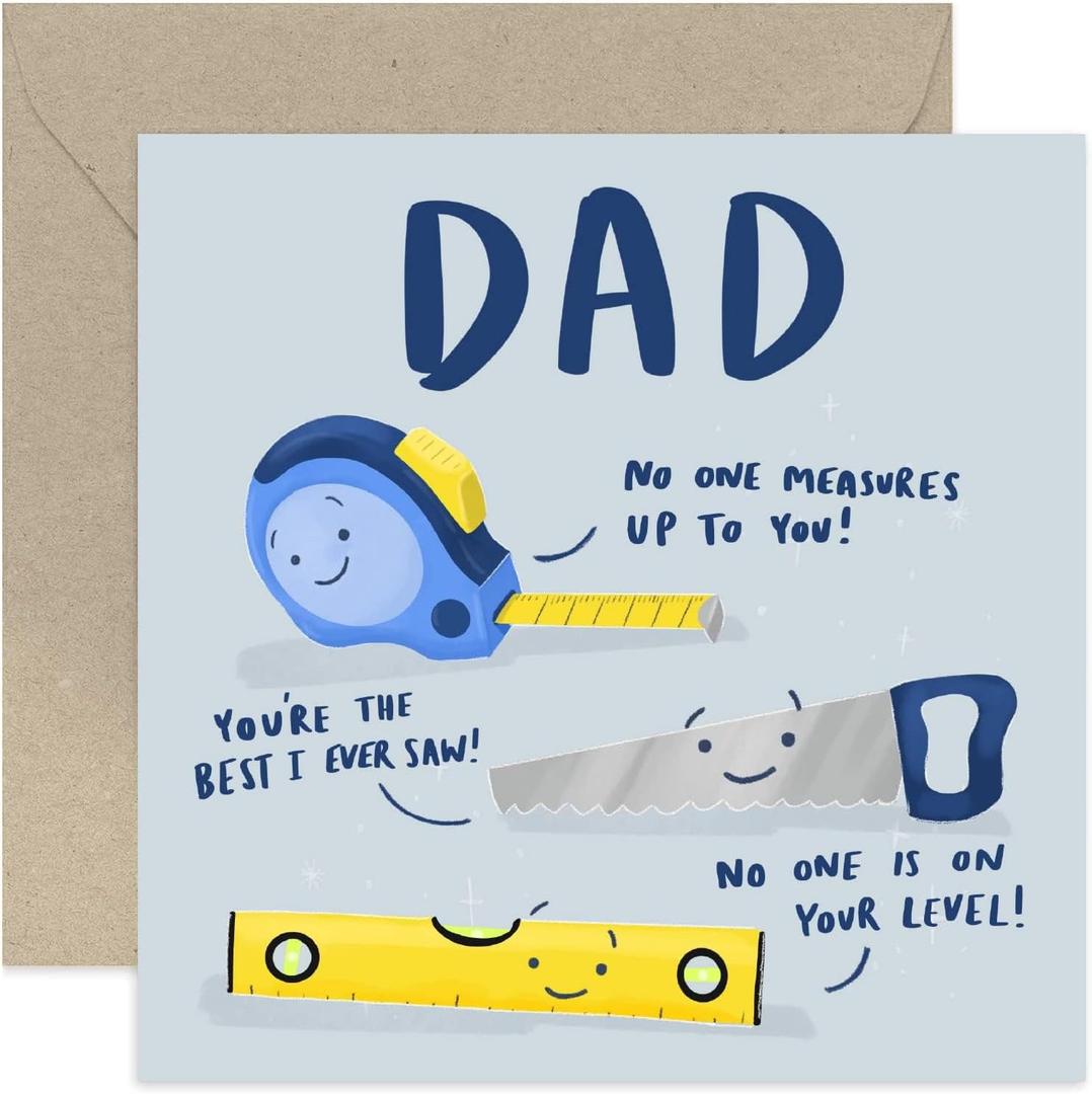 2 x Old English Co. No One Measures Up To You Card for Dad - Birthday Card for Dad - Fun Birthday Greeting Card for Him Men - Fun DIY Tools Pun Card from Son Daughter Father's Day | Blank Inside