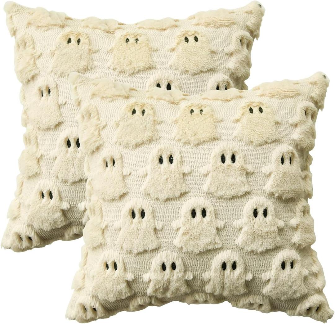 AVOIN colorlife Halloween Ghost Beige Throw Pillow Cover Set of 2, 18 x 18 Inch Soft Plush Faux Fur Jacquard Spooky Cushion Case Decoration for Sofa Couch