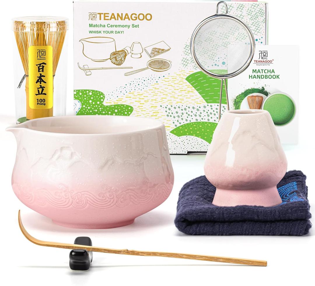 TEANAGOO 7 Pcs Matcha Whisk Set, Pink Matcha Set, Ceremony Matcha Powder Kit,Matcha Tea Set for Making Latte,Matcha Whisk Set and Bowl with Scoop&Sifter,Fuji Design Ceramic Bowl,Gift for Matcha Lovers (Ceremonial-grade Set, Gradient Pink Pro)