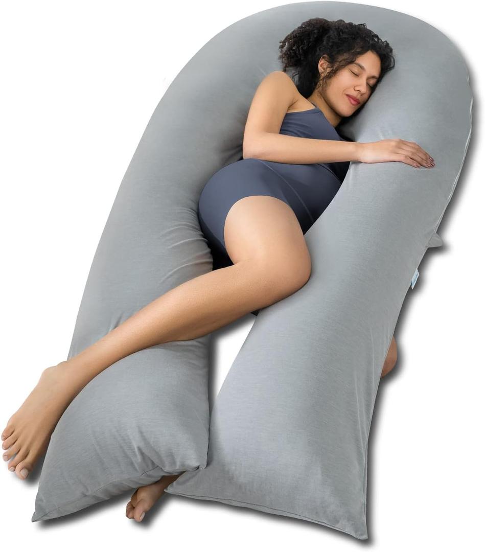 QUEEN ROSE Extra Long U Shaped Body Pillow, Cooling Pregnancy Pillows for Sleeping, 65 Inch Full Body Support Maternity Pillow for Adults, Support for Back, Hip, Legs for Pregnant Women, Grey, X-Large