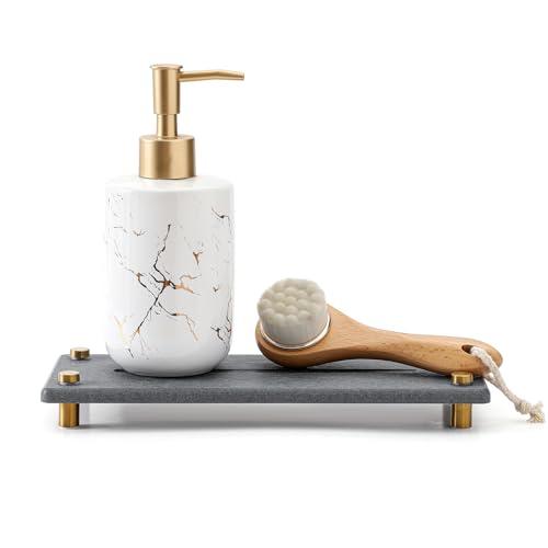 Kitchen Sink Caddy Water Absorbing Stone Drying Tray, Diatomite Bathroom Sink Organizer, Faucet Counter Mat Coaster, Soap Dish Rack Riser Dispenser Sponge Holder, Dark Gray Gold 10" x 4"