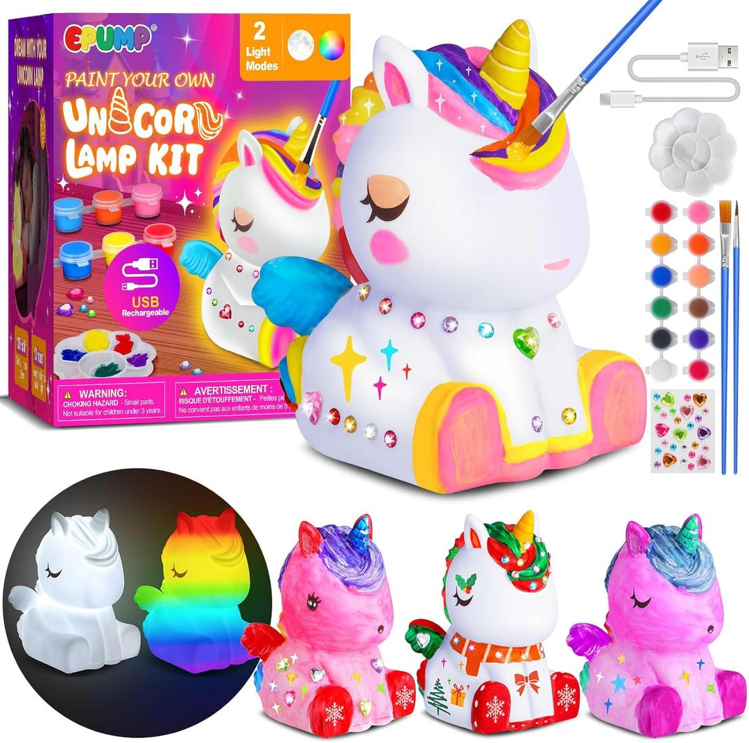 EPUMP Paint Your Own Unicorn Lamp Kit - Rechargeable 1200mAh Night Light with 2 Light Modes, Arts and Crafts Painting Toys for Girls Boys, Art Supplies Birthday & Christmas Gifts for Kids Ages 3-12+
