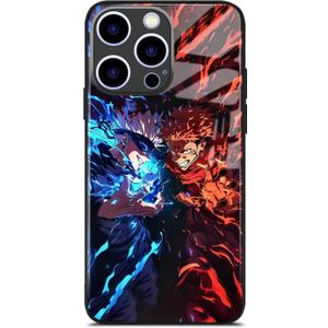 Anime Phone Case for iPhone 16 Pro Max, Manga Design Tempered Glass Back with Soft Silicone Bumper, Shockproof Glossy Cover Shell (Satoru_Yuji_Sukuna)